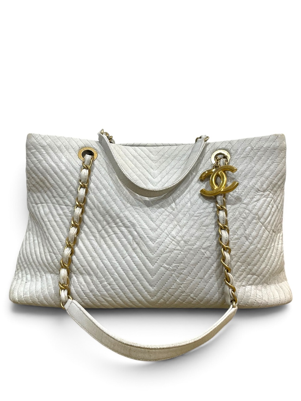 Chanel White Quilted Chevron Tote with Gold CC Charm